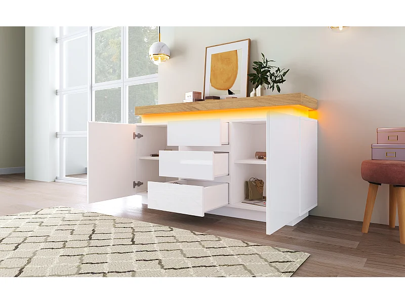 Buffet avec LED, 3 tiroirs et 2 portes - Finition brillant - Blanc et naturel