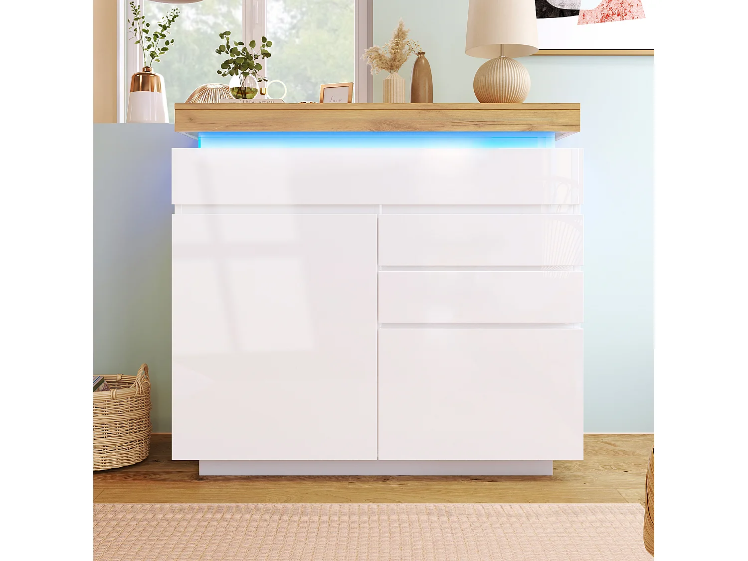 Buffet laqué brillant avec LED , 2 portes et 3 tiroirs - Blanc et naturel 110 x 39 x115cm