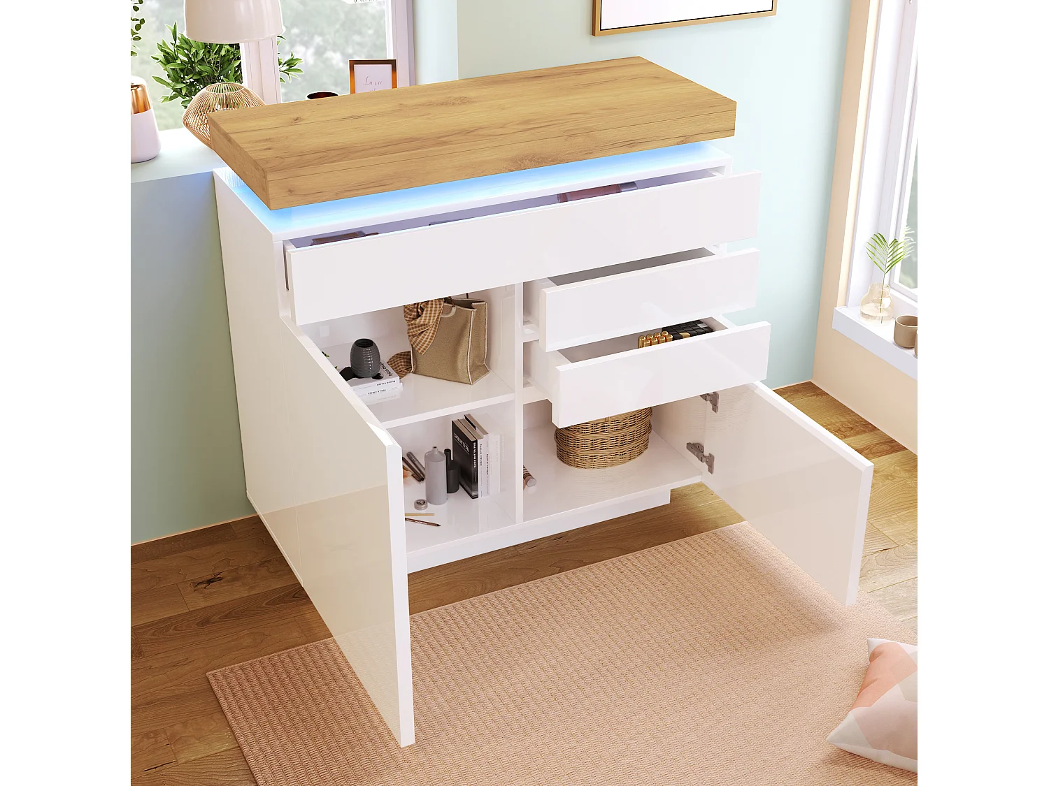 Buffet laqué brillant avec LED , 2 portes et 3 tiroirs - Blanc et naturel 110 x 39 x115cm