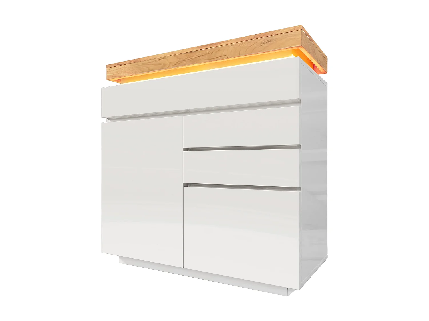 Buffet laqué brillant avec LED , 2 portes et 3 tiroirs - Blanc et naturel 110 x 39 x115cm