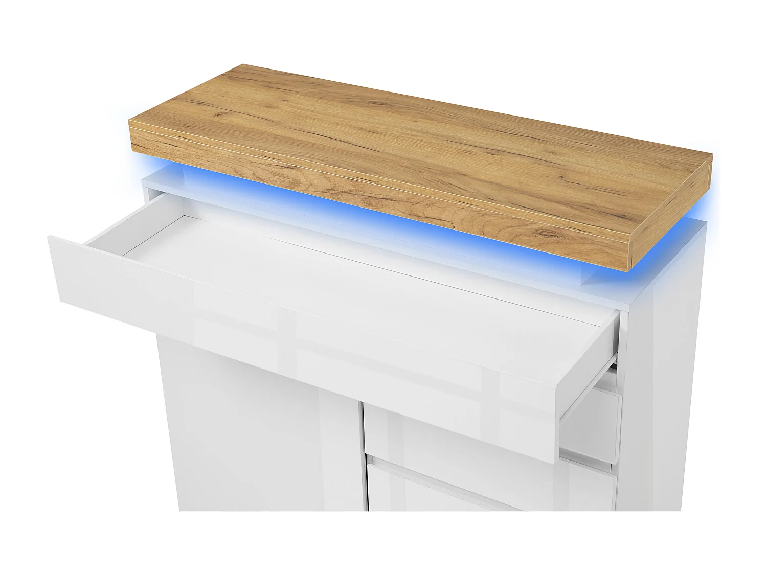 Buffet laqué brillant avec LED , 2 portes et 3 tiroirs - Blanc et naturel 110 x 39 x115cm