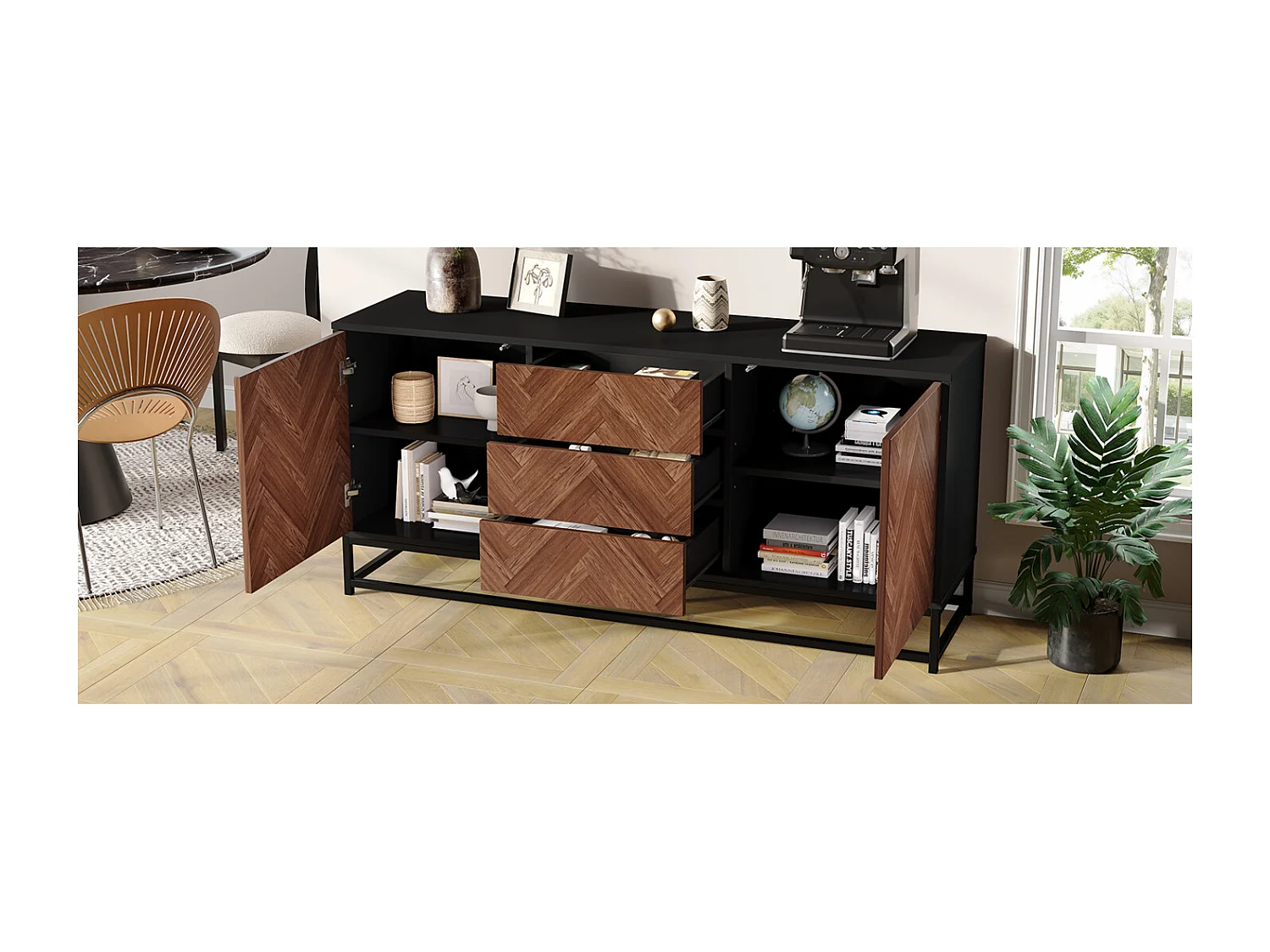 Buffet avec 3 tiroirs et 2 porte - Structure en métal - Couleur bois et noir