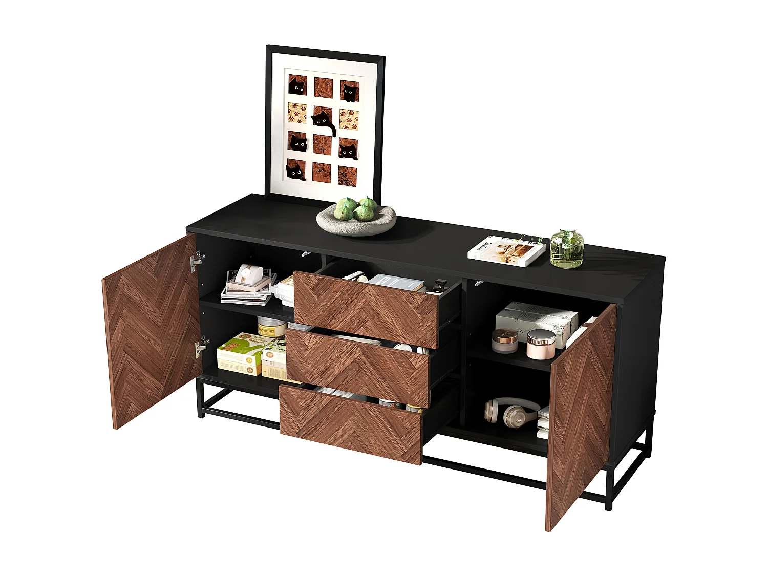 Buffet avec 3 tiroirs et 2 porte - Structure en métal - Couleur bois et noir