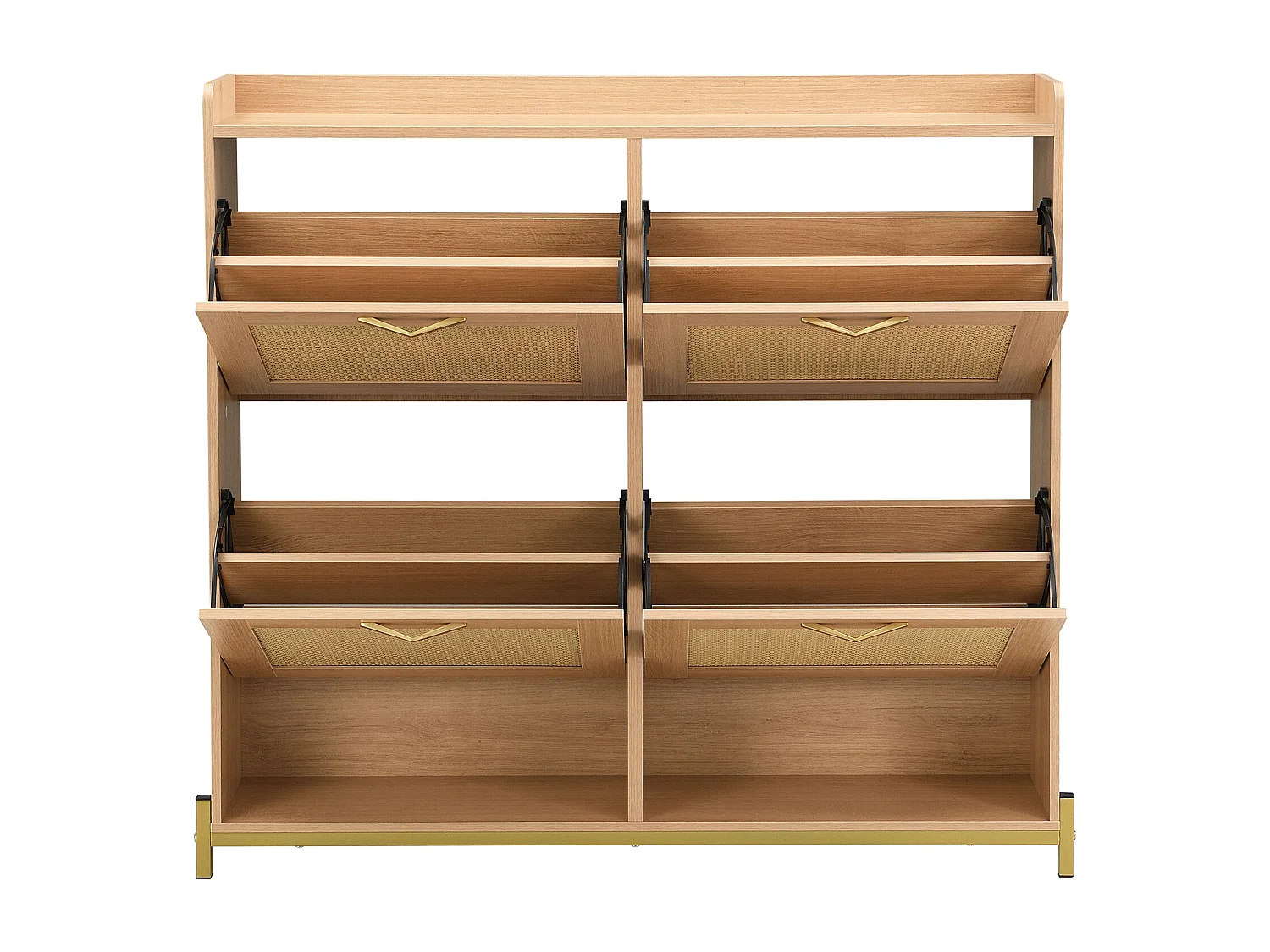 Meuble à chaussures avec 4 portes en rotin - Base en métal - Couleur chêne clair