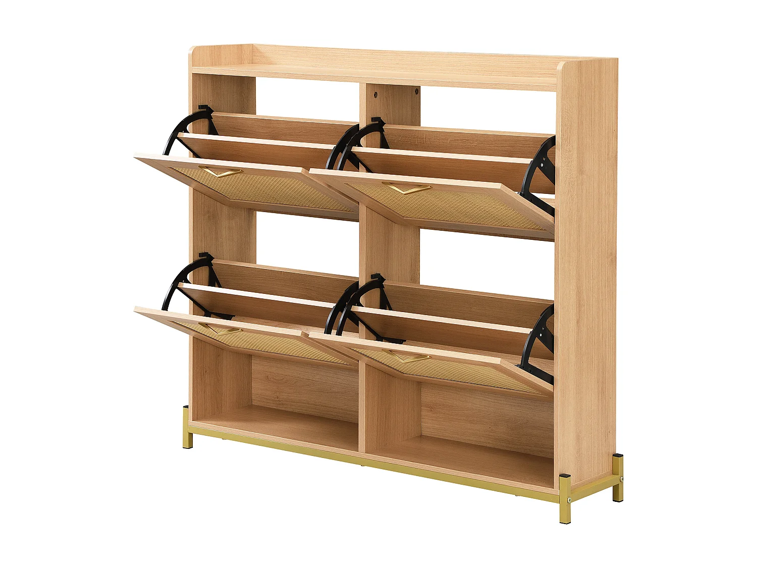 Meuble à chaussures avec 4 portes en rotin - Base en métal - Couleur chêne clair