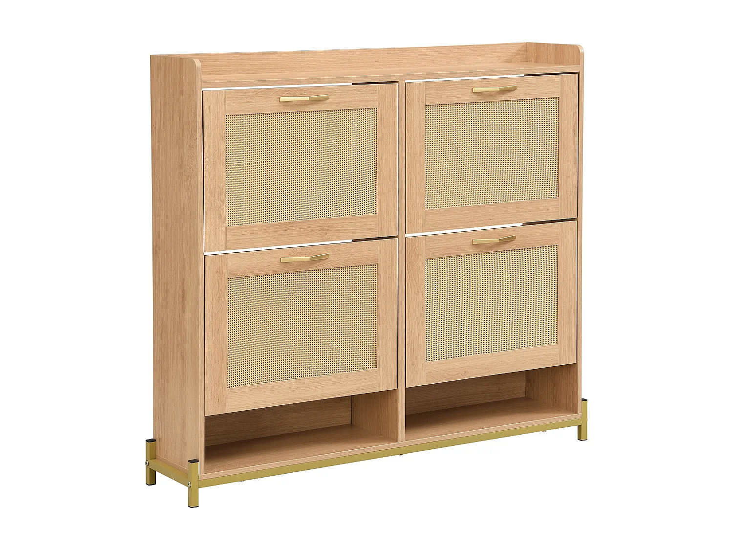Meuble à chaussures avec 4 portes en rotin - Base en métal - Couleur chêne clair