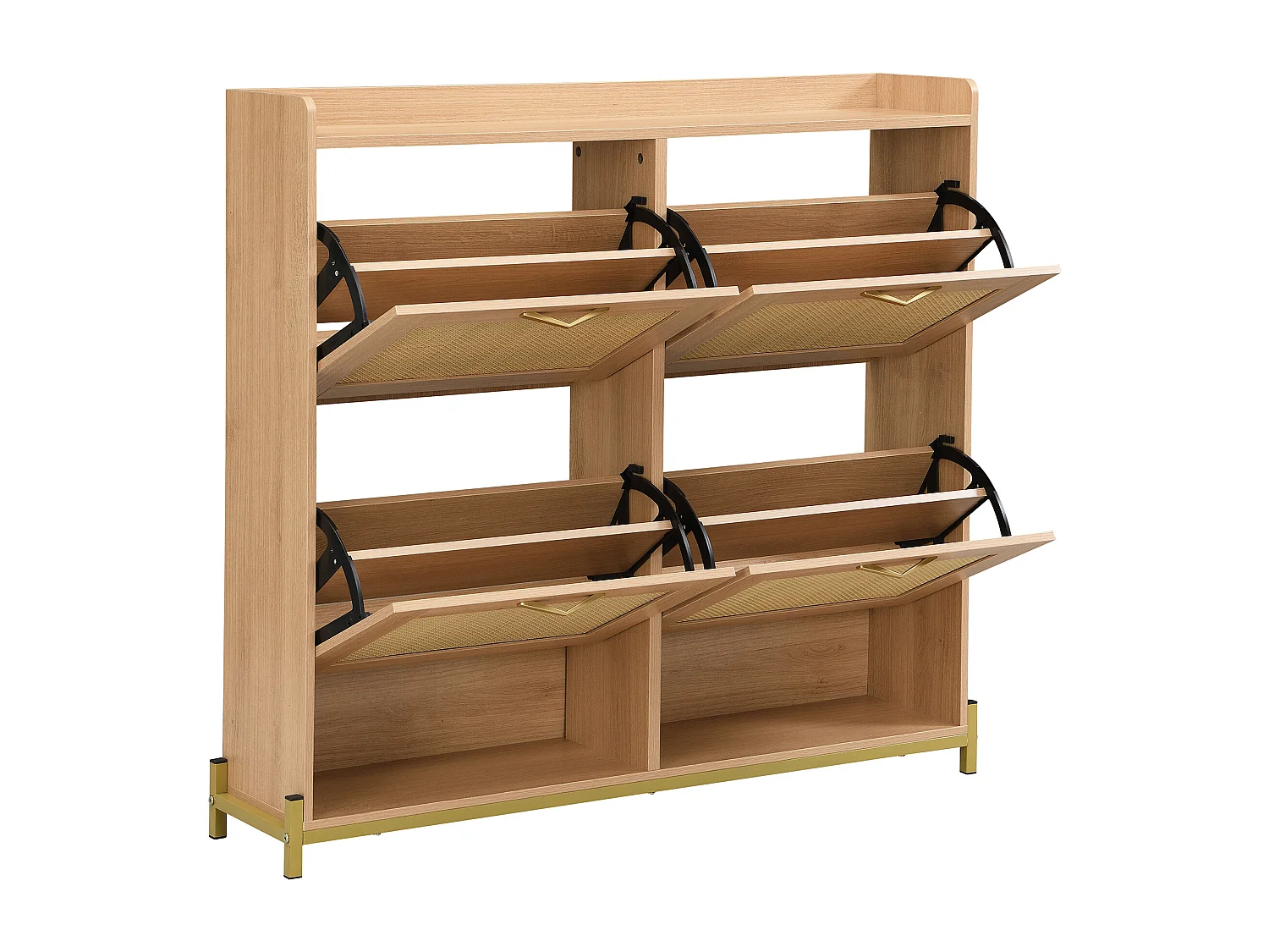 Meuble à chaussures avec 4 portes en rotin - Base en métal - Couleur chêne clair