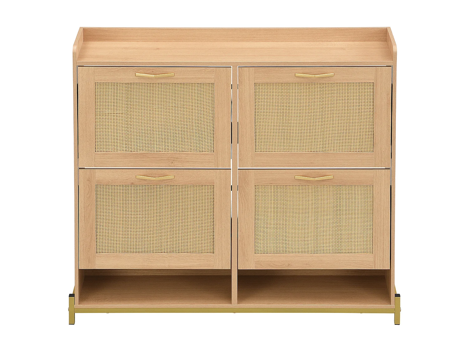 Meuble à chaussures avec 4 portes en rotin - Base en métal - Couleur chêne clair