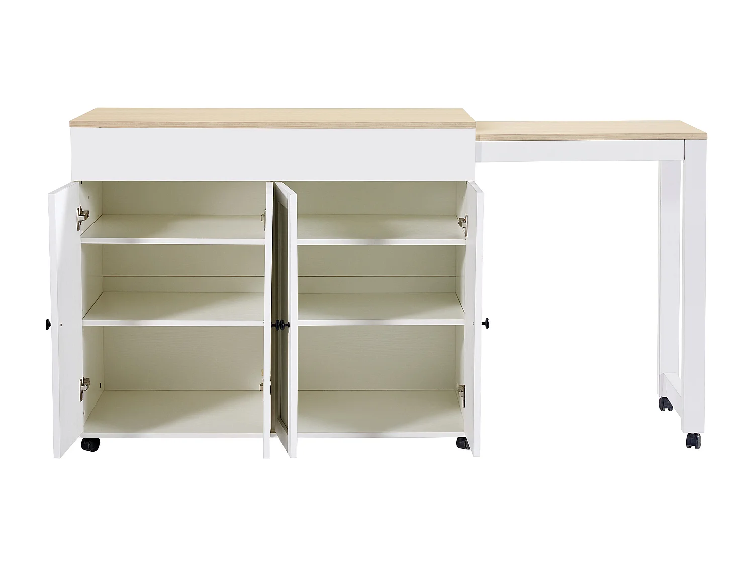 Meuble de bar extensible avec 4 portes et roulettes 118-180×50×94 cm - Pour 4 à 6 personnes - Couleur blanc et bois