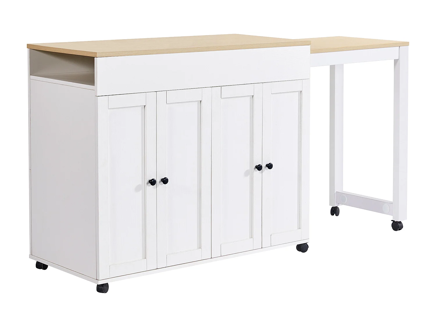 Meuble de bar extensible avec 4 portes et roulettes 118-180×50×94 cm - Pour 4 à 6 personnes - Couleur blanc et bois