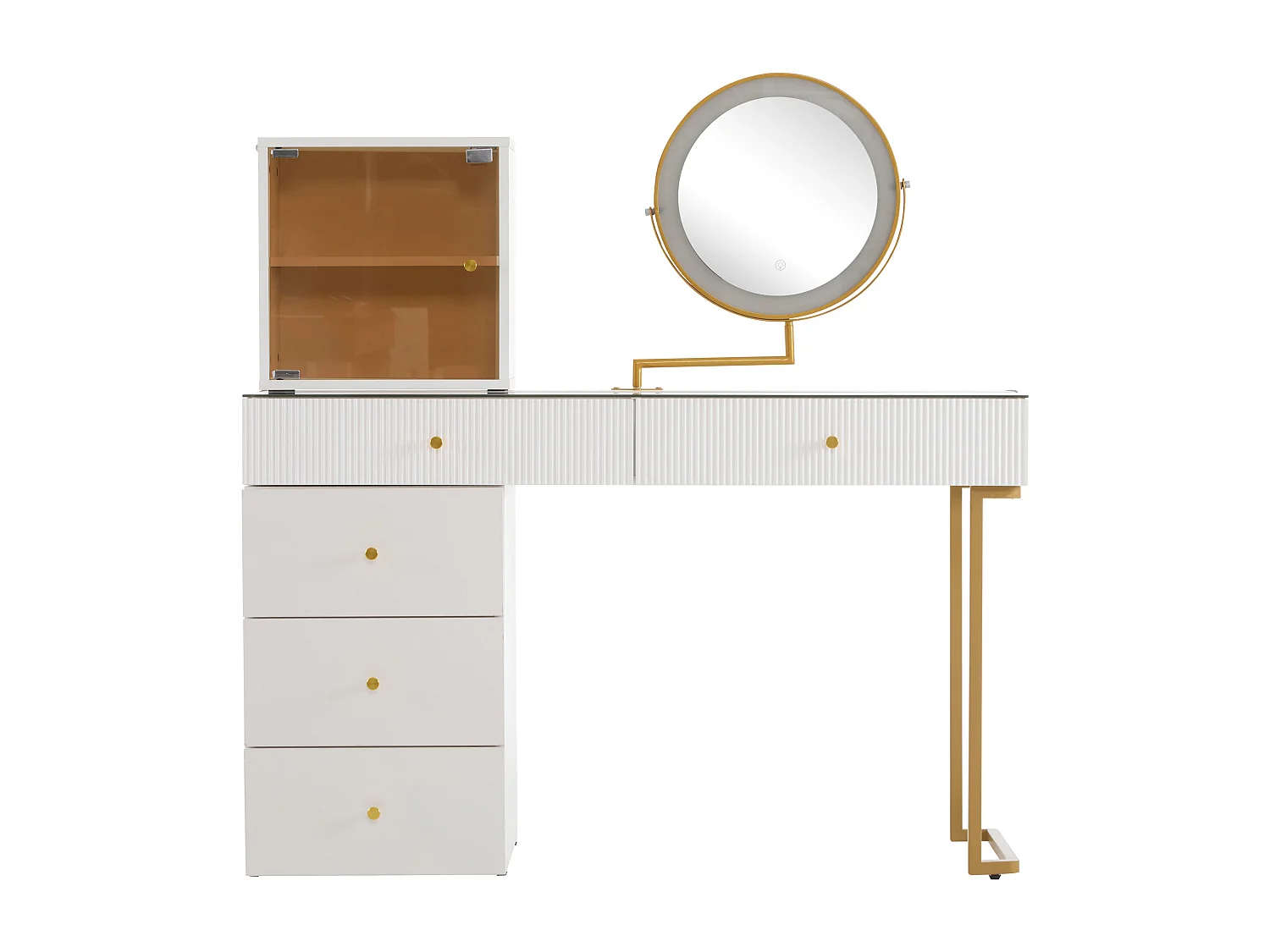 Coiffeuse avec miroir LED, 5 tiroirs et porte - Blanc (sans tabouret)