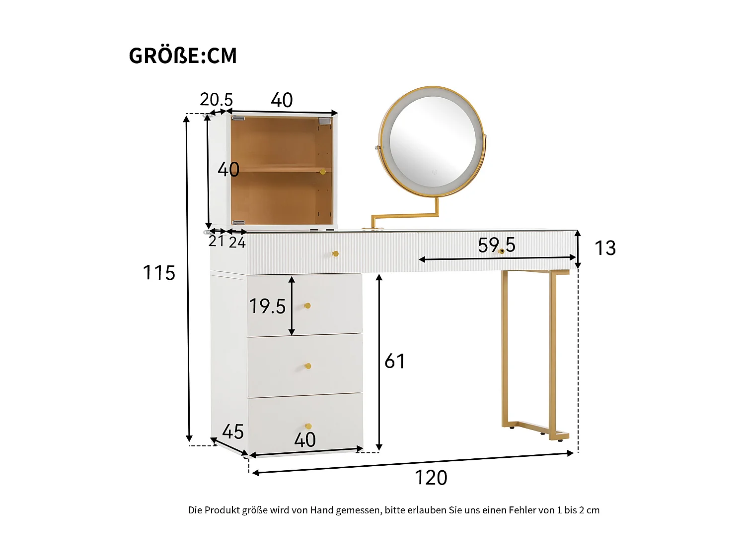 Coiffeuse avec miroir LED, 5 tiroirs et porte - Blanc (sans tabouret)