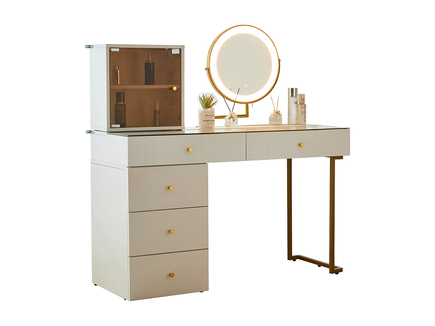 Coiffeuse avec miroir LED, 5 tiroirs et porte - Blanc (sans tabouret)