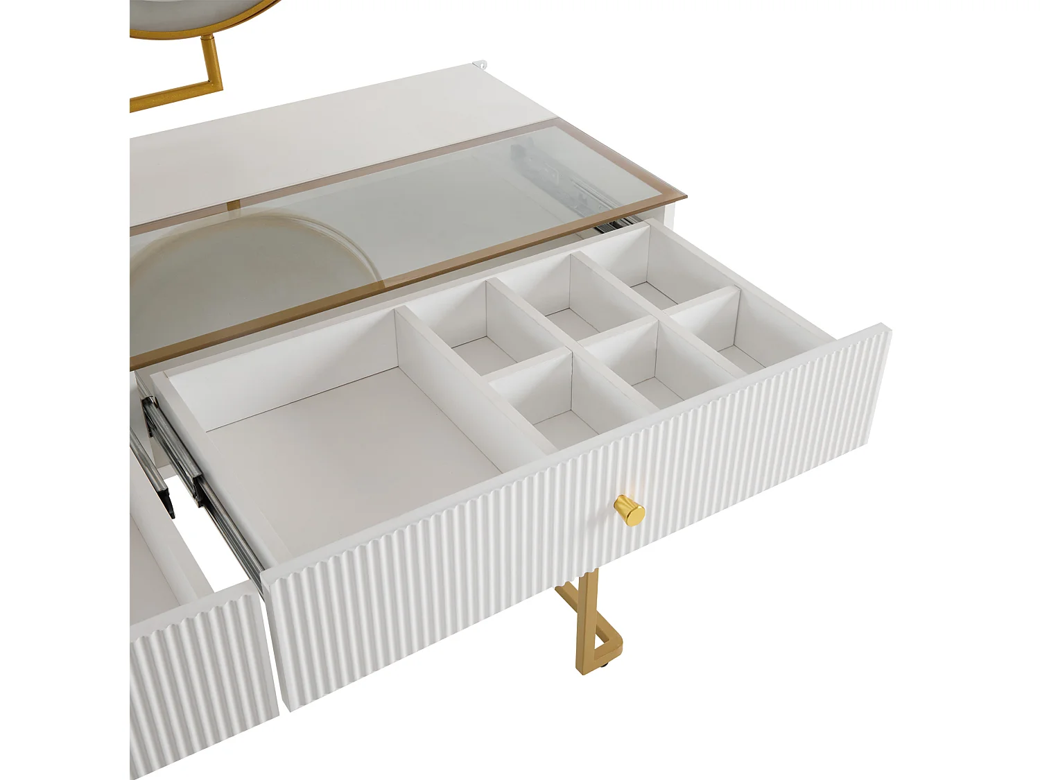 Coiffeuse avec miroir LED, 5 tiroirs et porte - Blanc (sans tabouret)