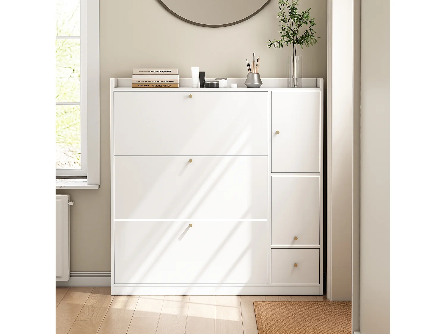 Meuble à chaussures avec 4 portes, banquette pliante et 1 tiroir - Bois en PB blanc