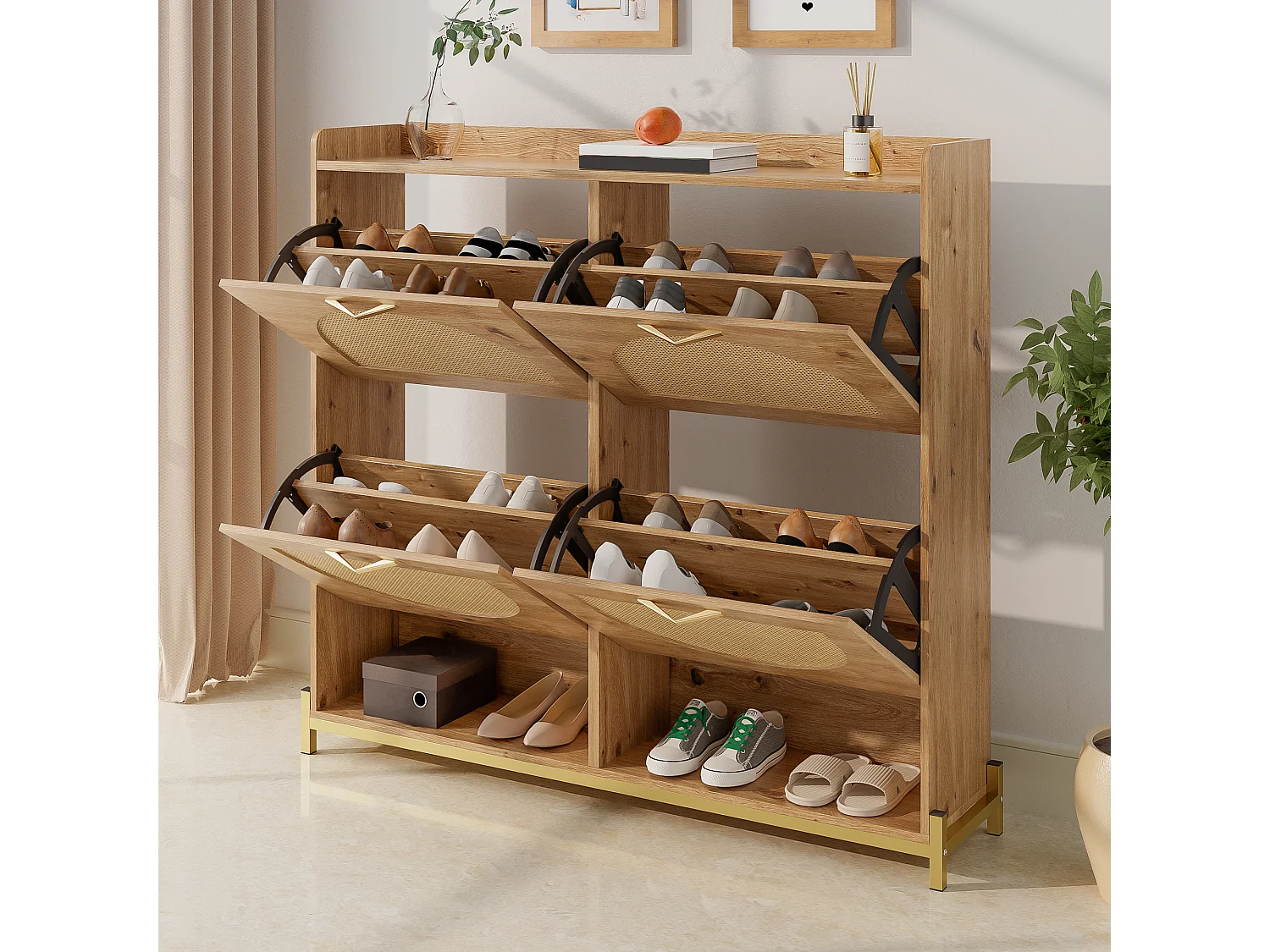 Meuble à chaussures en bois avec 4 portes en rotin - Base en métal - Couleur bois