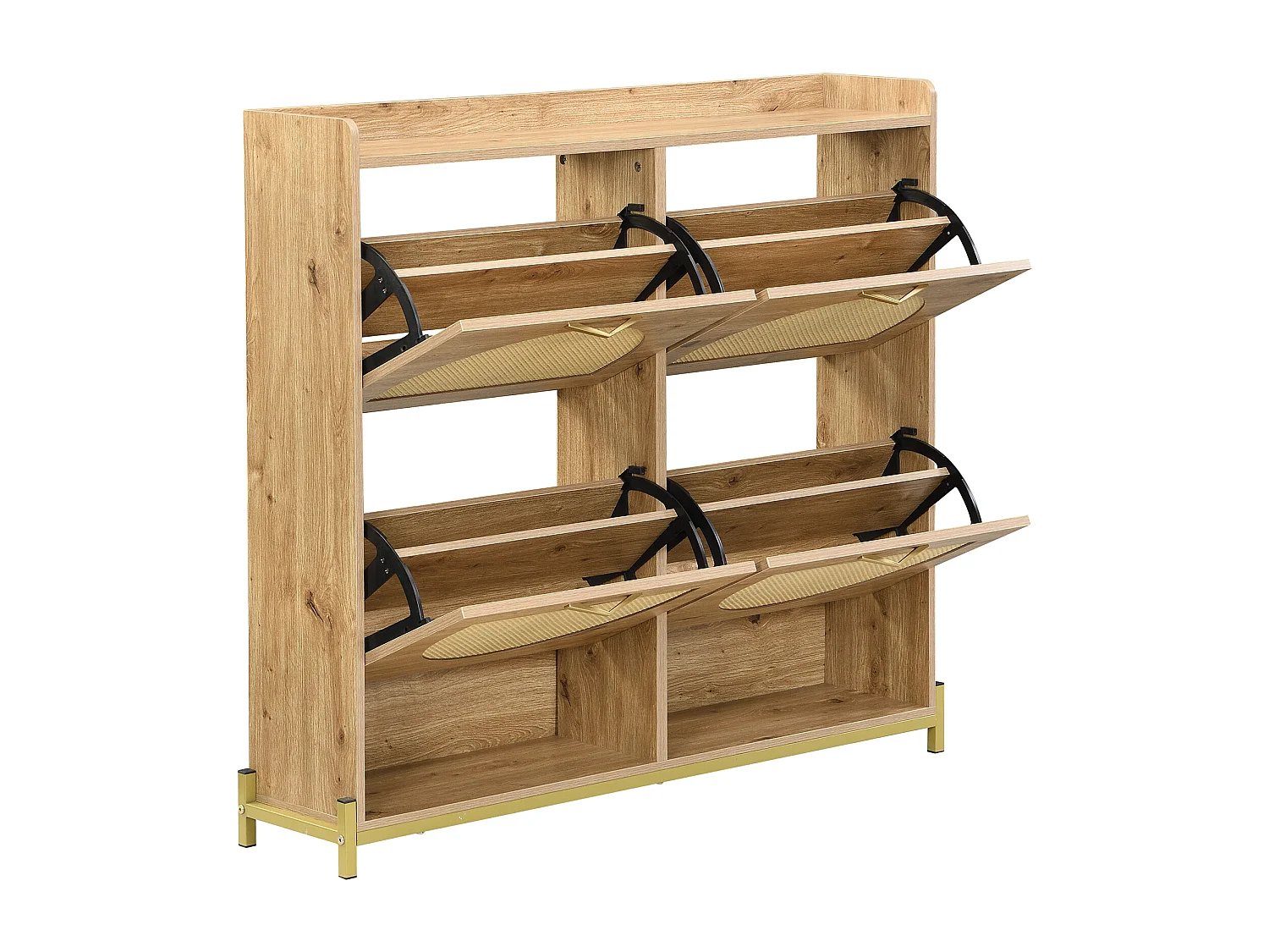 Meuble à chaussures en bois avec 4 portes en rotin - Base en métal - Couleur bois