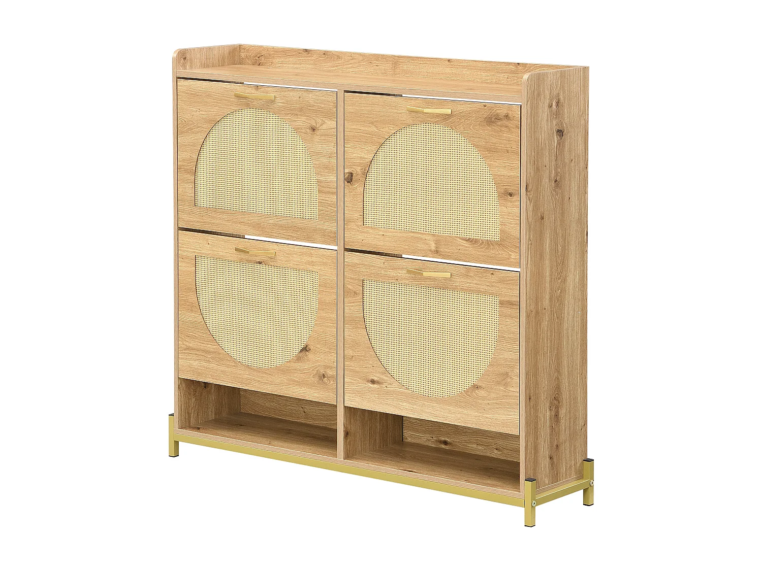 Meuble à chaussures en bois avec 4 portes en rotin - Base en métal - Couleur bois