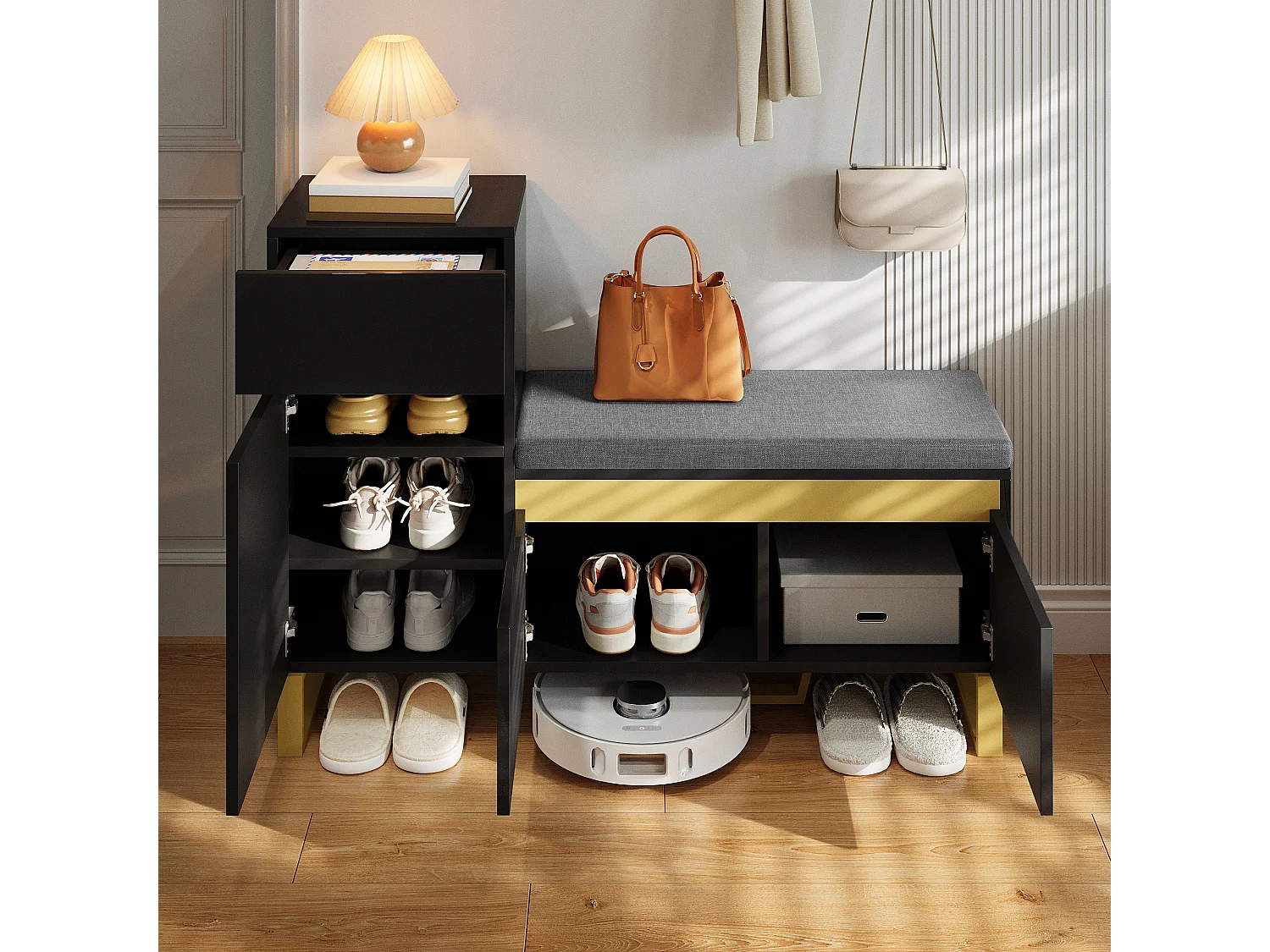 Meuble à chaussures avec 3 portes, 1 tiroir et coussin - Noir et doré