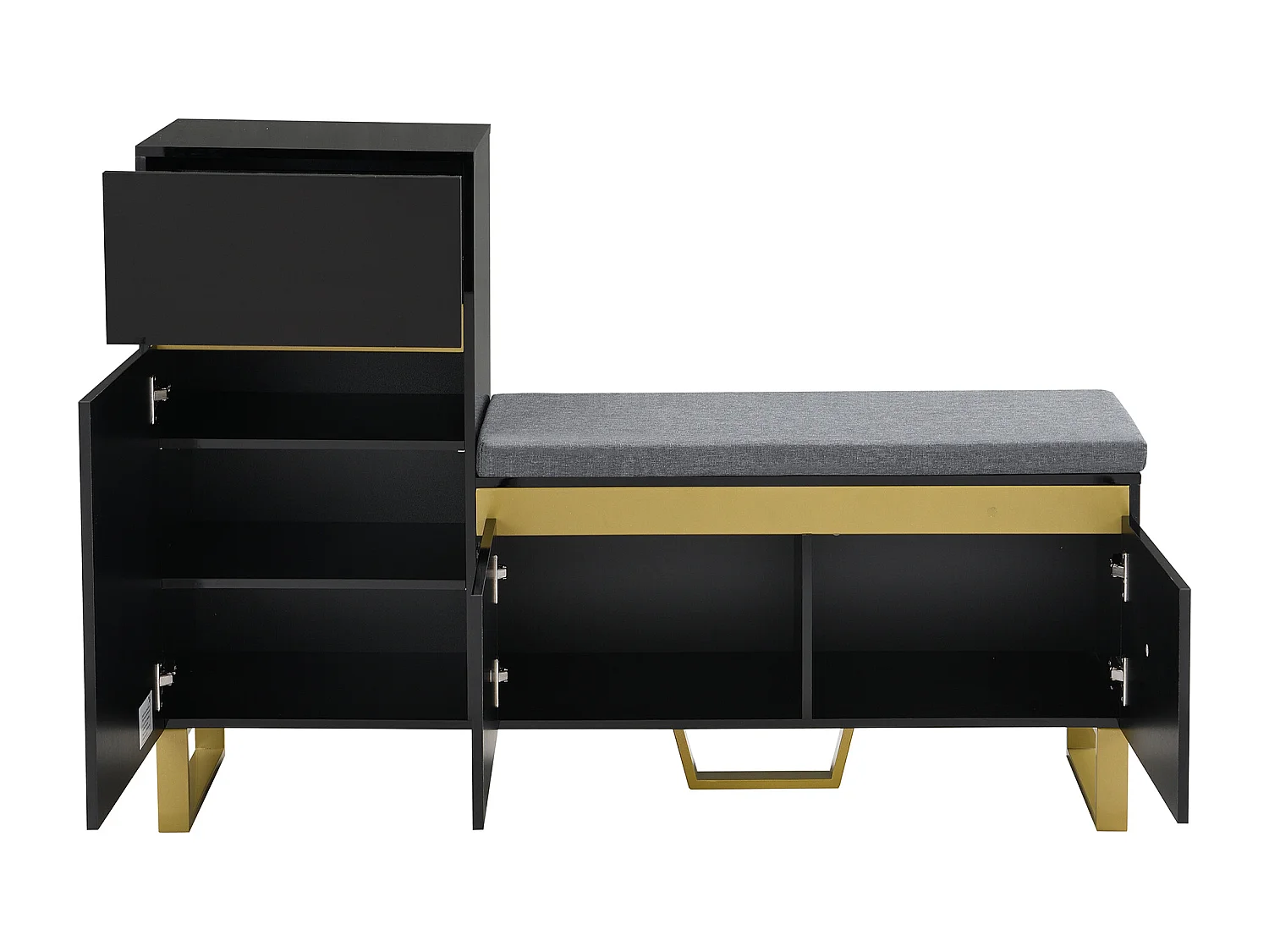 Meuble à chaussures avec 3 portes, 1 tiroir et coussin - Noir et doré