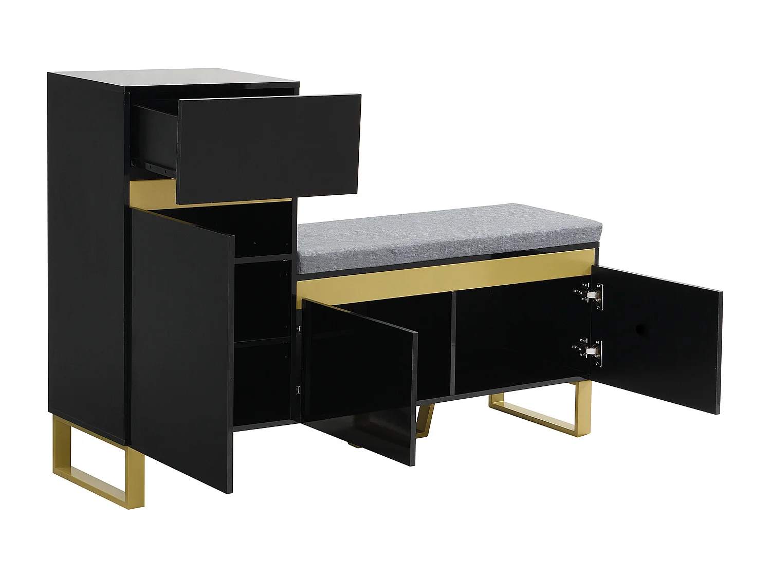 Meuble à chaussures avec 3 portes, 1 tiroir et coussin - Noir et doré