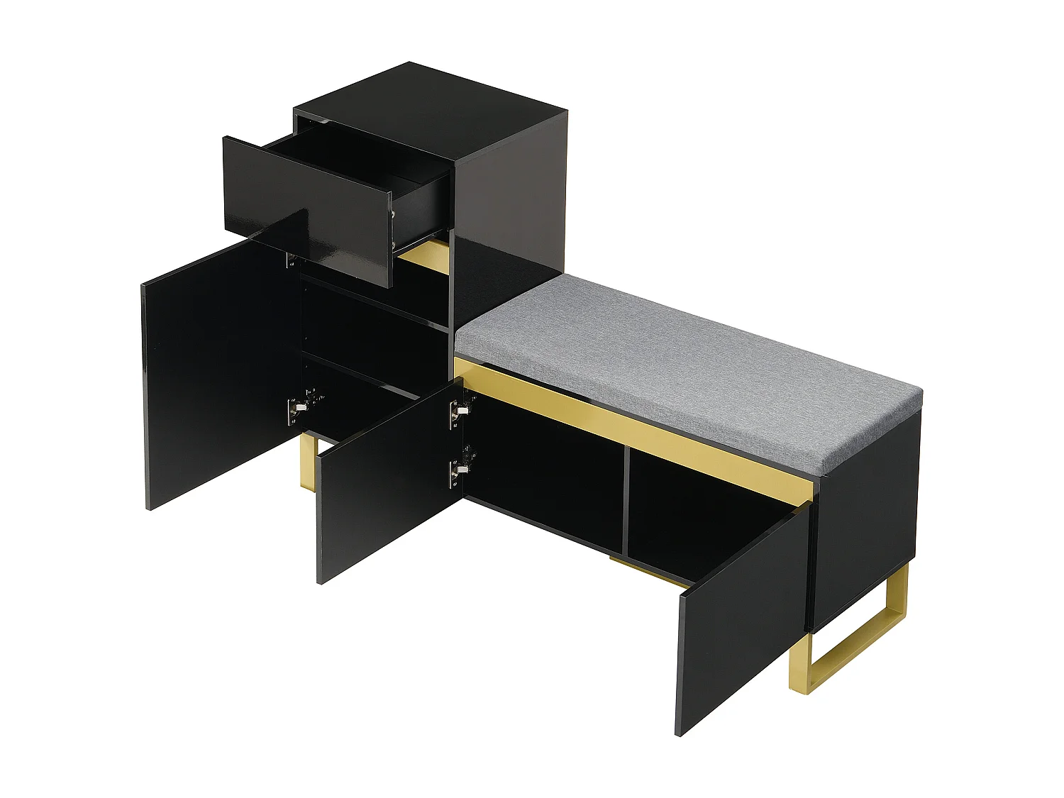 Meuble à chaussures avec 3 portes, 1 tiroir et coussin - Noir et doré