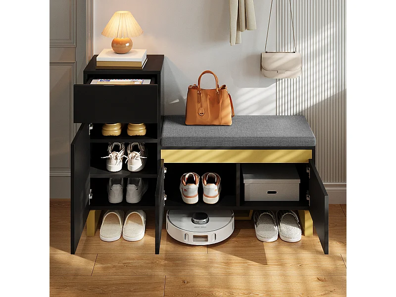 Meuble à chaussures avec 3 portes, 1 tiroir et coussin - Noir et doré
