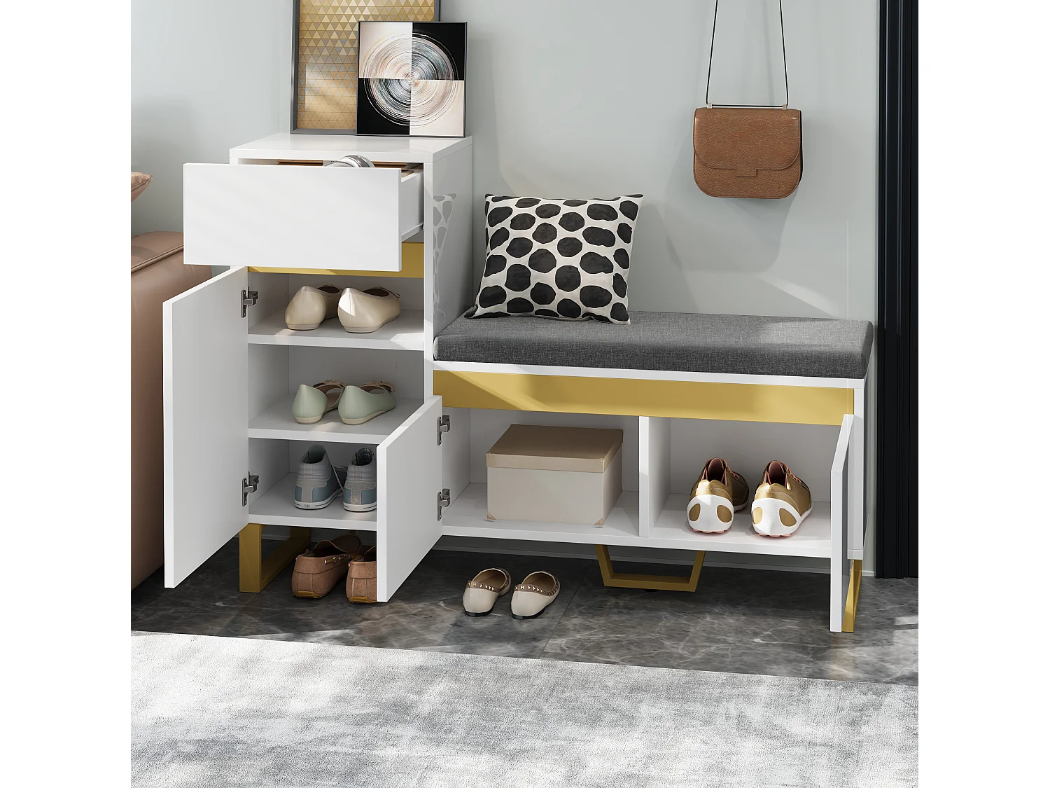 Meuble à chaussures avec 3 portes, 1 tiroir et coussin - Blanc et doré