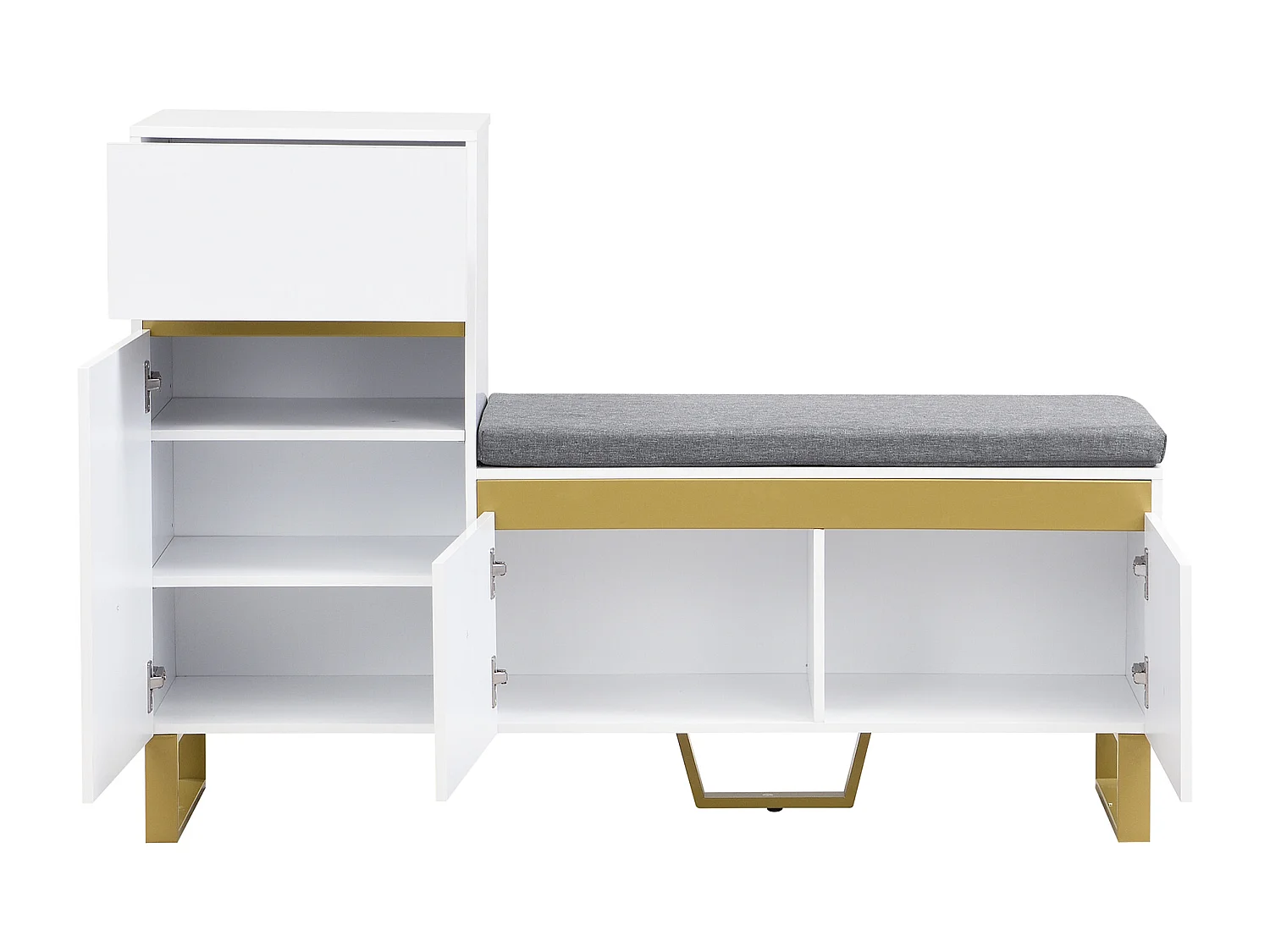 Meuble à chaussures avec 3 portes, 1 tiroir et coussin - Blanc et doré