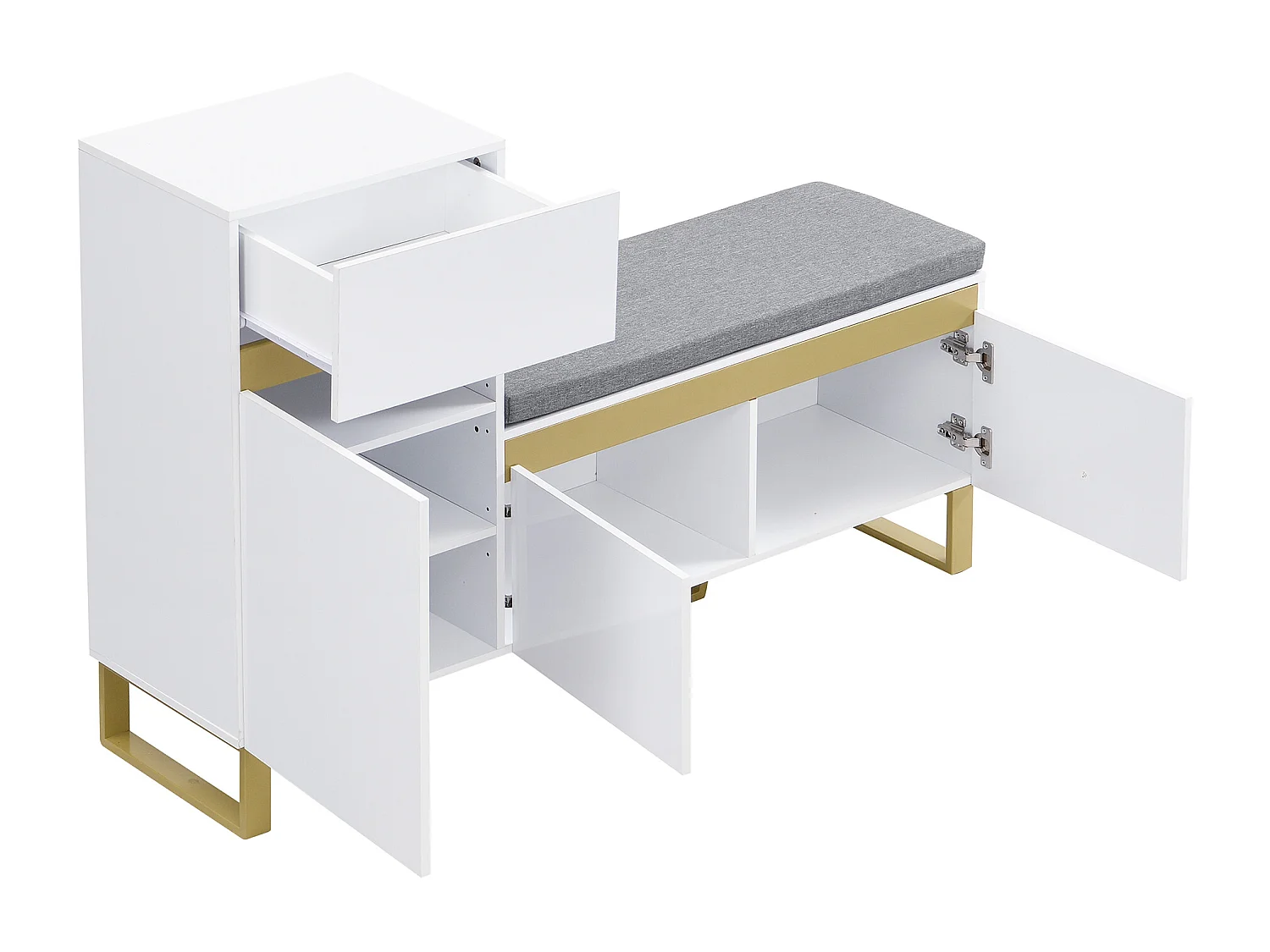 Meuble à chaussures avec 3 portes, 1 tiroir et coussin - Blanc et doré