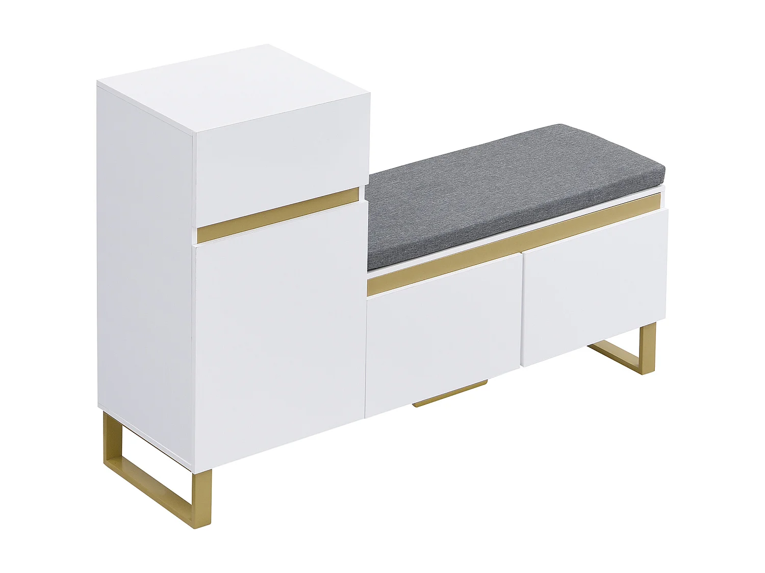 Meuble à chaussures avec 3 portes, 1 tiroir et coussin - Blanc et doré