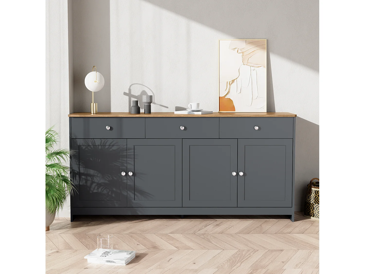 Buffet en bois gris-noir veiné, 4 portes et 3 tiroirs - Bois en MDF