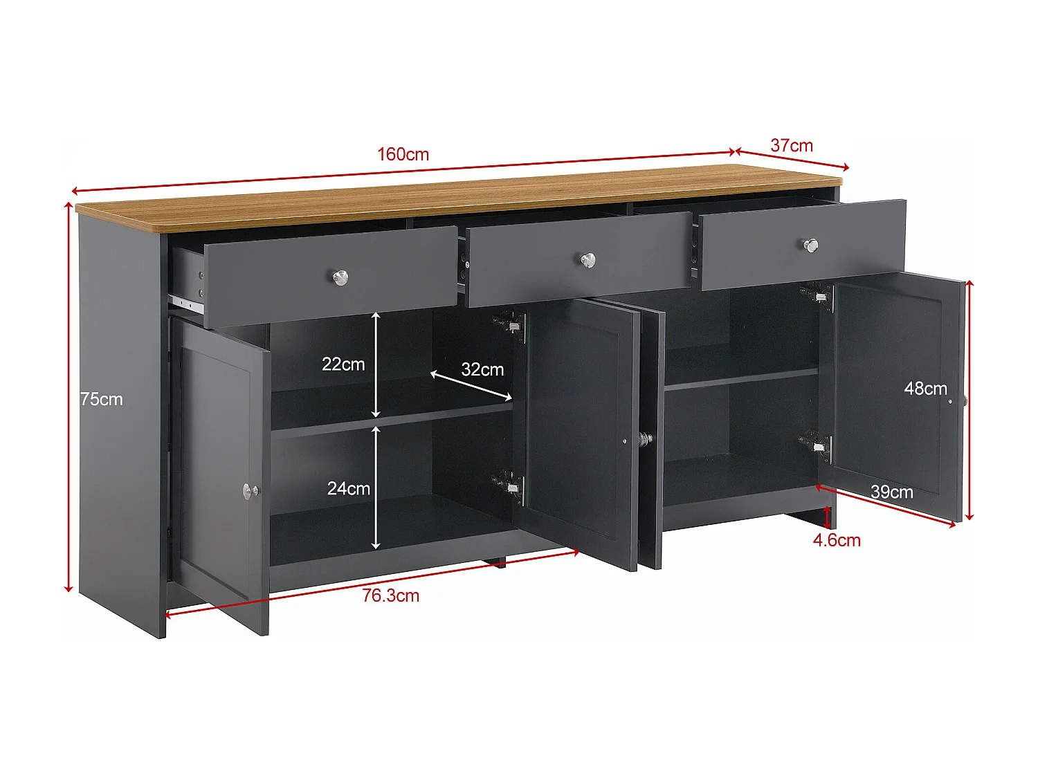 Buffet en bois gris-noir veiné, 4 portes et 3 tiroirs - Bois en MDF