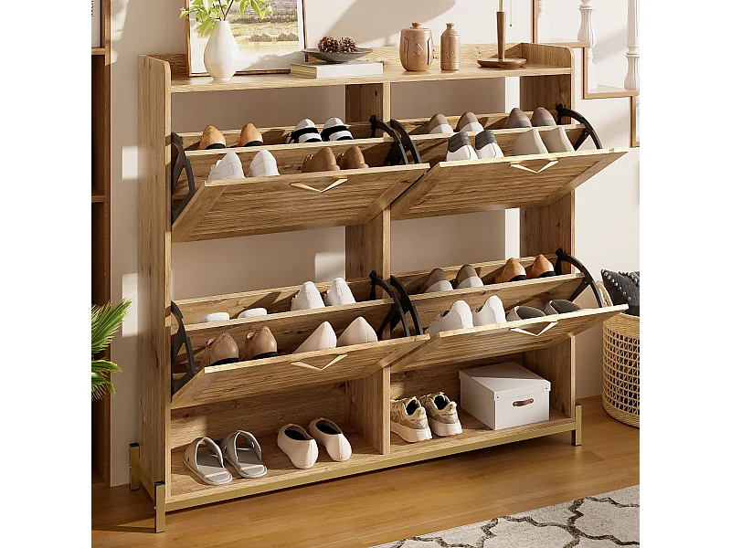 Meuble à chaussures avec 4 portes - Base en métal - Couleur bois 108.5x24x100cm