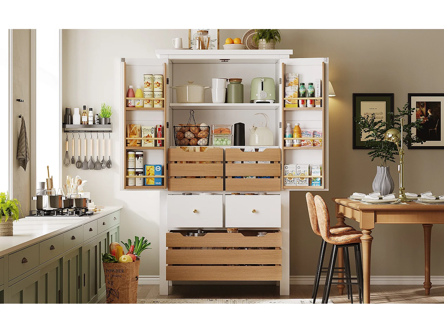 Aparador de cocina con 2 puertas y 5 cajones - Color blanco y madera 80x40x140cm