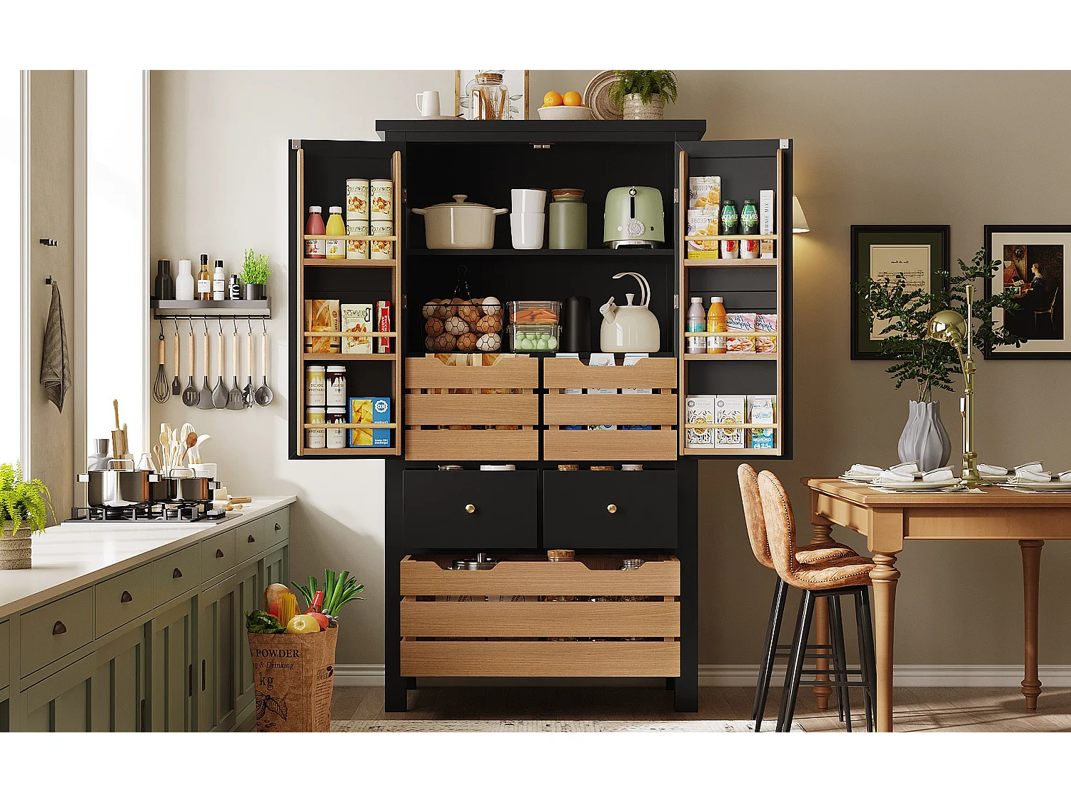 Aparador de cocina con 2 puertas y 5 cajones - Color negro y madera 80x40x140cm