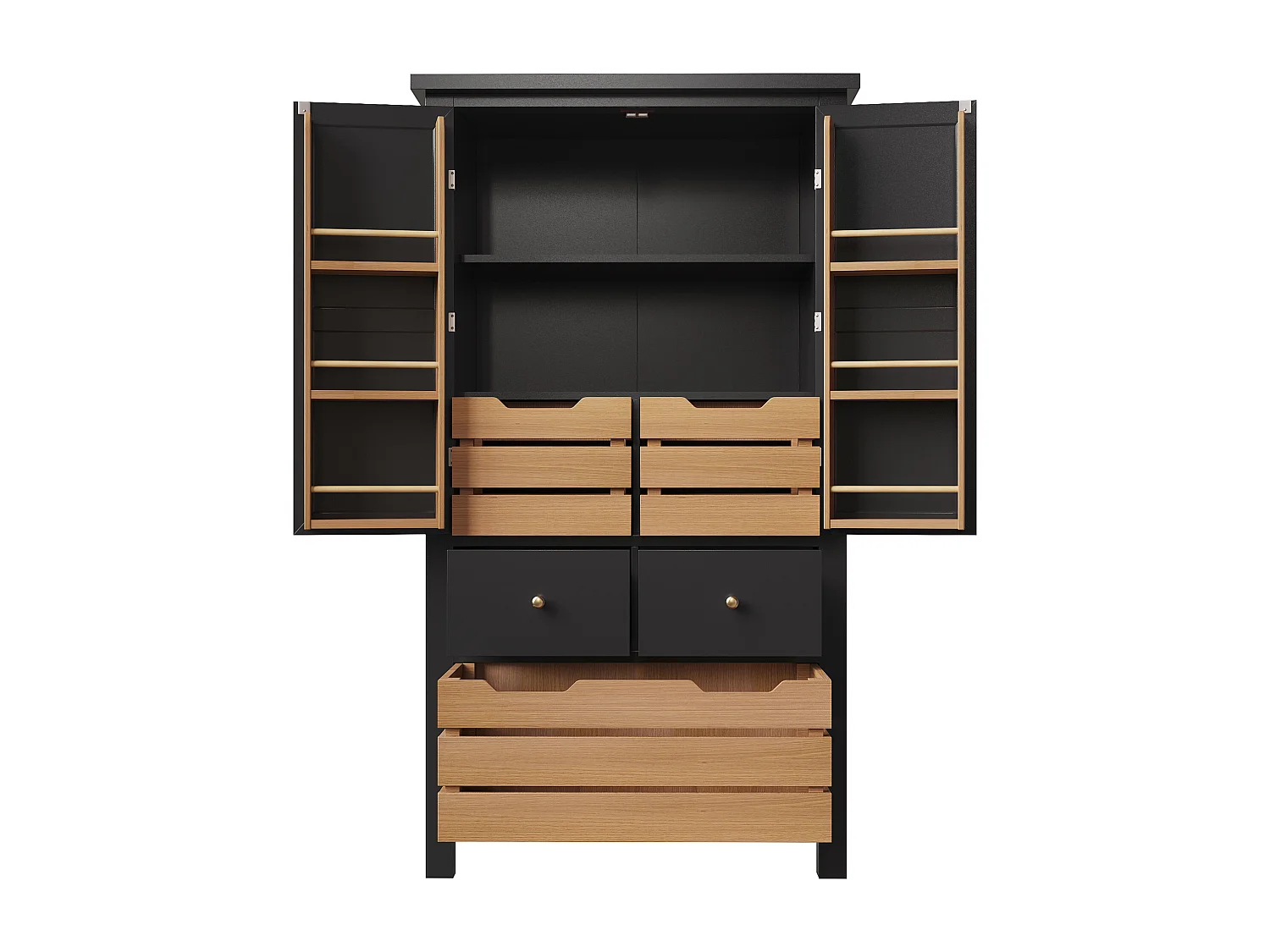 Aparador de cocina con 2 puertas y 5 cajones - Color negro y madera 80x40x140cm