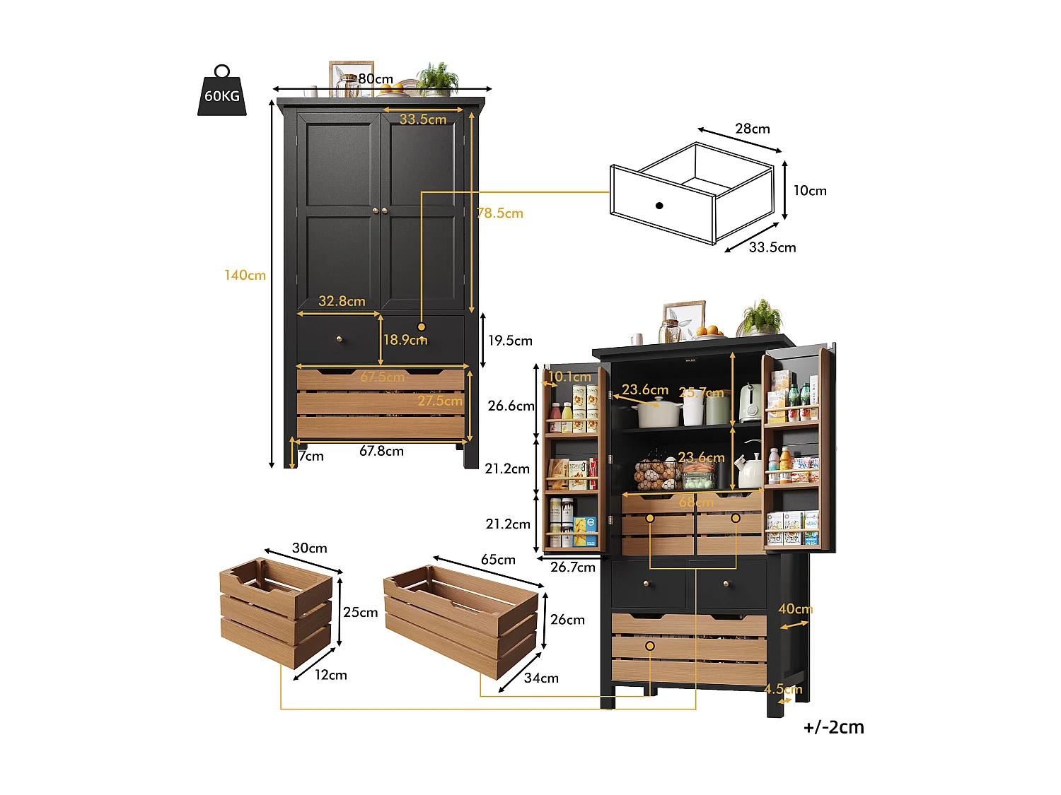 Aparador de cocina con 2 puertas y 5 cajones - Color negro y madera 80x40x140cm
