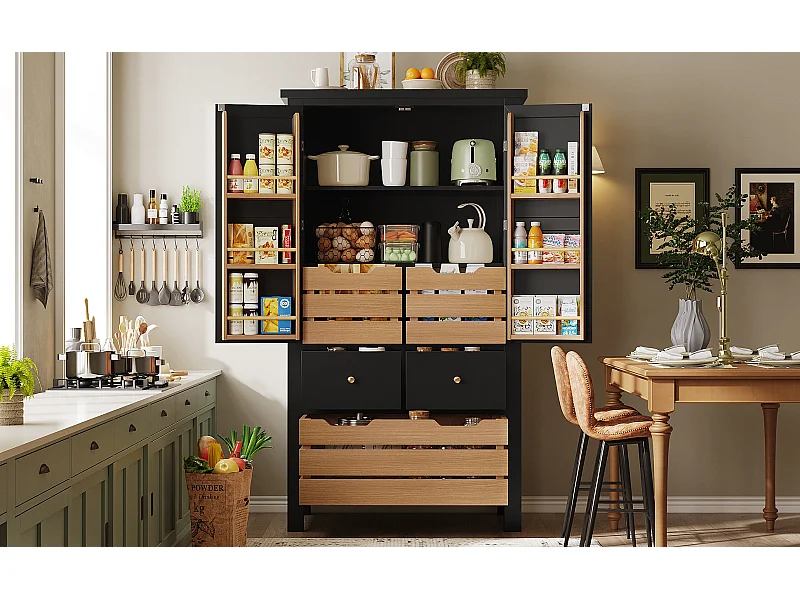 Buffet de cuisine avec 2 portes et 5 tiroirs - Couleur noir et bois 80x40x140cm