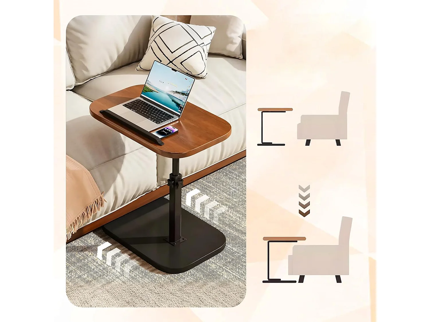 Table d’appoint réglable 45–80 cm en bois et métal - Couleur noyer et noir - Multifonctionnel table