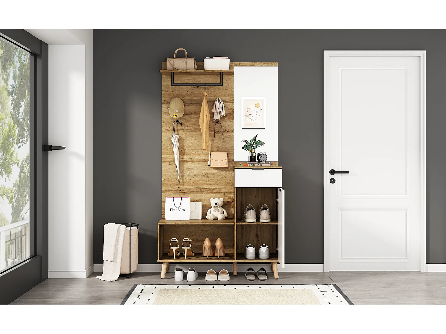 Vestiaire avec miroir, banc, tiroir et porte - Couleur bois et blanc 104x39x190cm