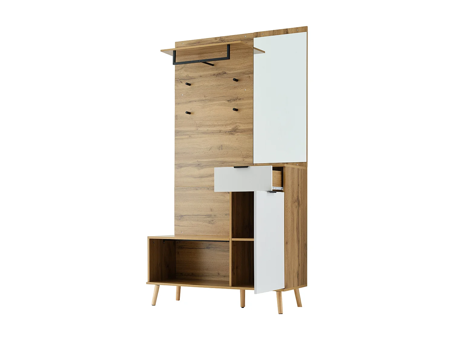 Vestiaire avec miroir, banc, tiroir et porte - Couleur bois et blanc 104x39x190cm