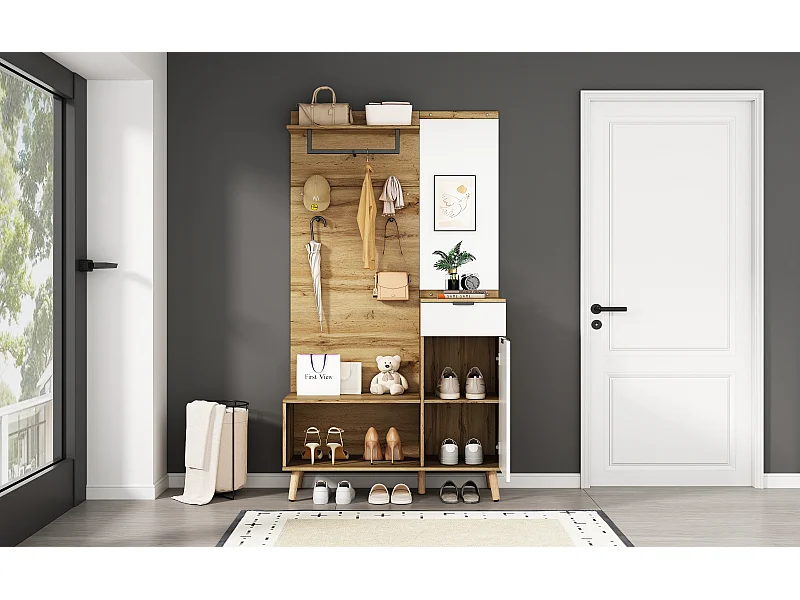 Vestiaire avec miroir, banc, tiroir et porte - Couleur bois et blanc 104x39x190cm