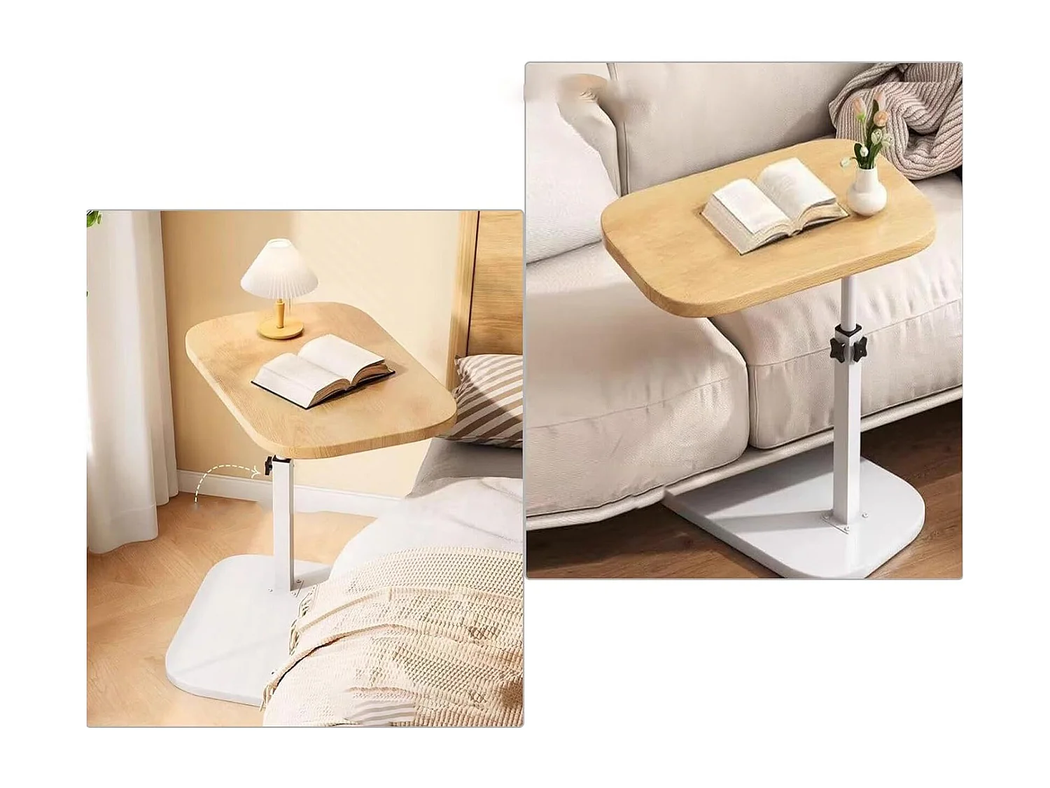 Table d’appoint réglable 45–80 cm en bois et métal - Couleur blanc et naturel - Multifonctionnel table