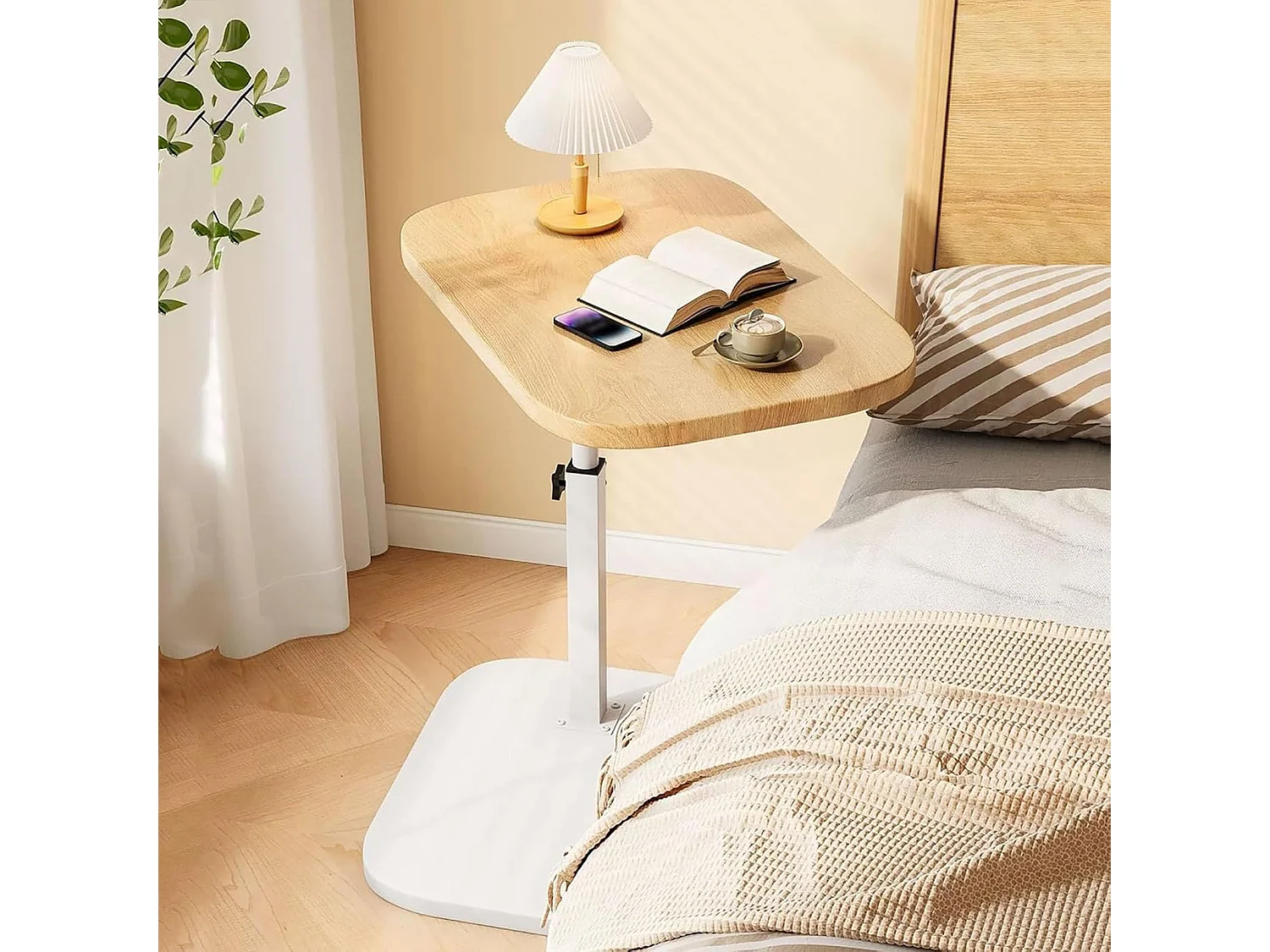 Table d’appoint réglable 45–80 cm en bois et métal - Couleur blanc et naturel - Multifonctionnel table