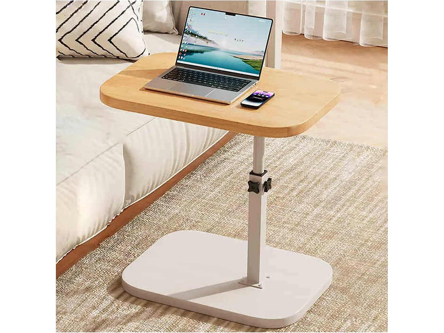 Table d’appoint réglable 45–80 cm en bois et métal - Couleur blanc et naturel - Multifonctionnel table