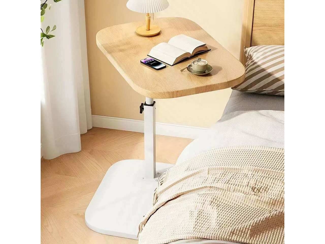 Table d’appoint réglable 45–80 cm en bois et métal - Couleur blanc et naturel - Multifonctionnel table