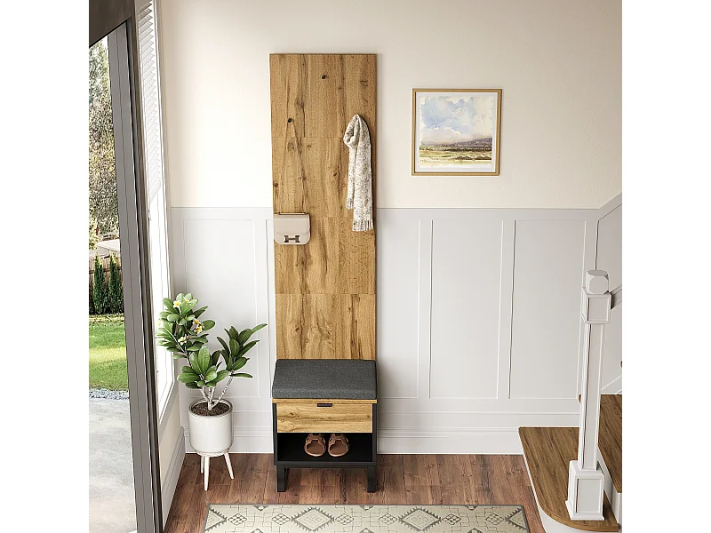 Armario con banco zapatero acolchado, ganchos y cajones - Color madera y negro