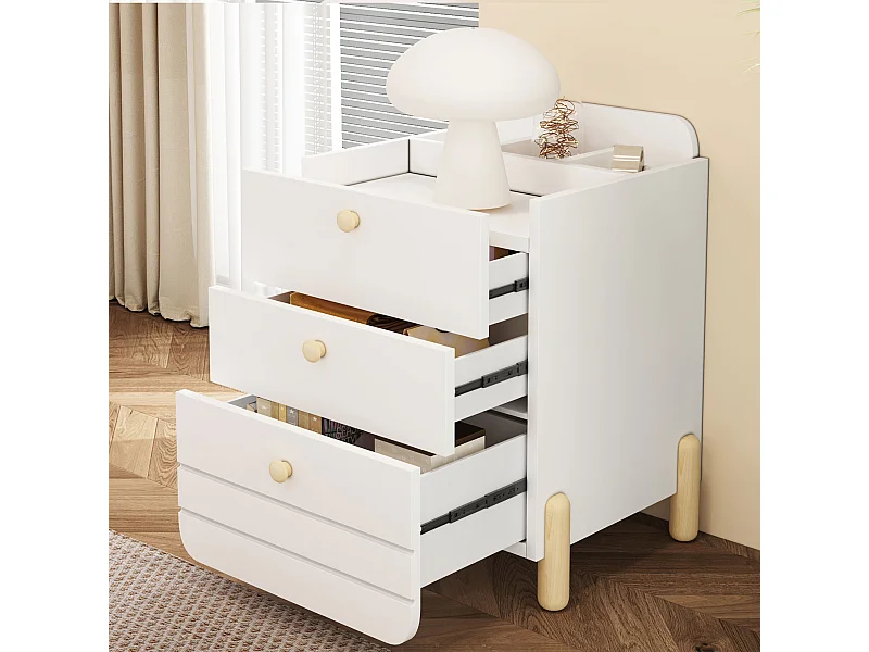 Comodino con 3 cassetti e gambe in legno - Bianco
