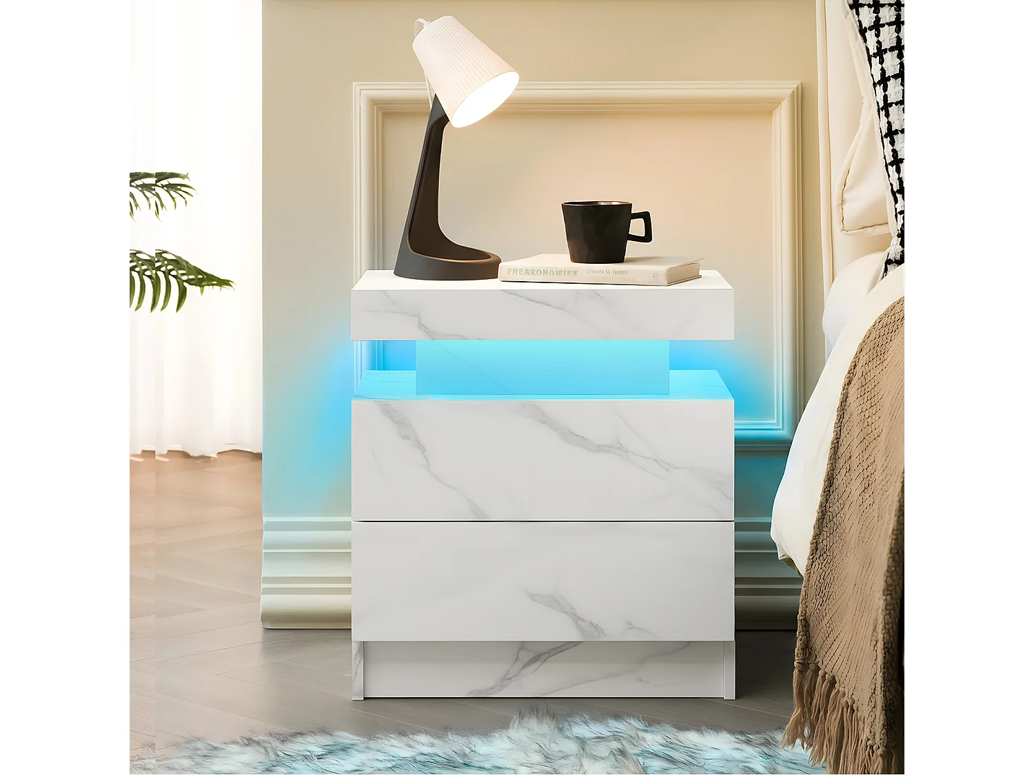 Table de chevet LED avec 2 tiroirs - Blanc en texture